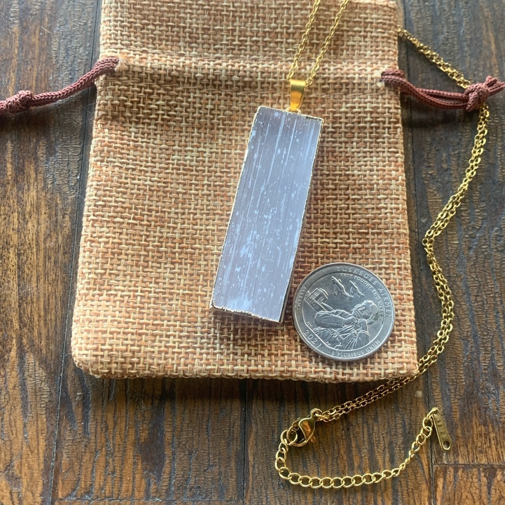 Genuine Selenite Rectangle Pendant Selenite Necklace Minimalist Necklace - Picture 2 of 3